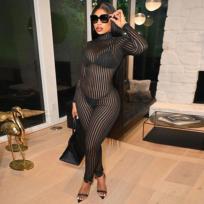 Striped Mesh Bodysuit Women 2020 Summer Sexy Transparent Slim Party Jumpsuit Short See Through Long Sleeve Turtleneck Bodysuits