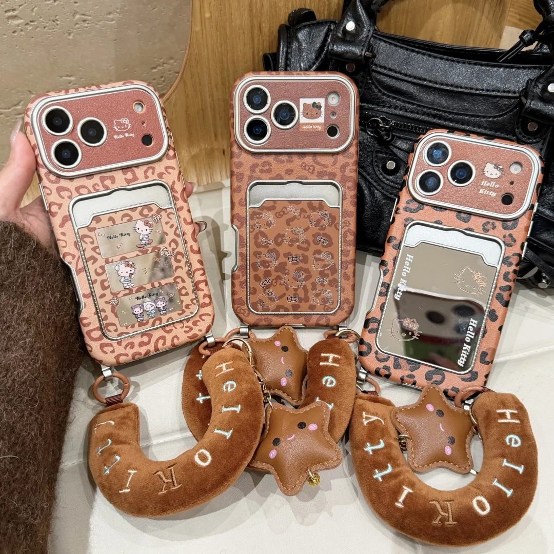 

Leopard print mirror card holder wallet pocket with lanyard Case for IPhone 17 Pro Max 16 15 14 13 Pro Max back Cover﻿﻿