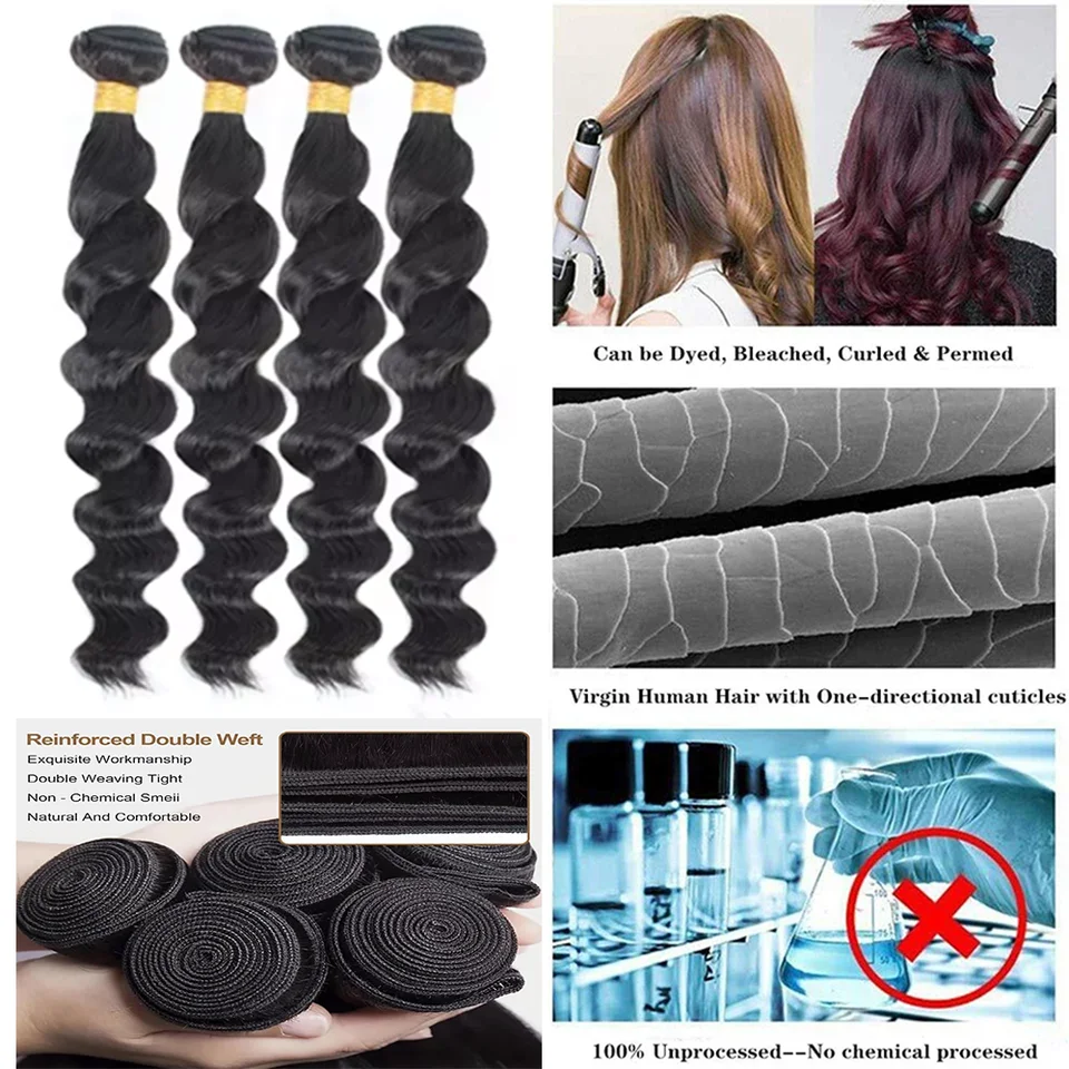 ROYAL Paquetes de Cabello Humano Onda Suelta con Cierre, Cabello Brasileño 3/4 Paquetes con Cierre de Encaje 5