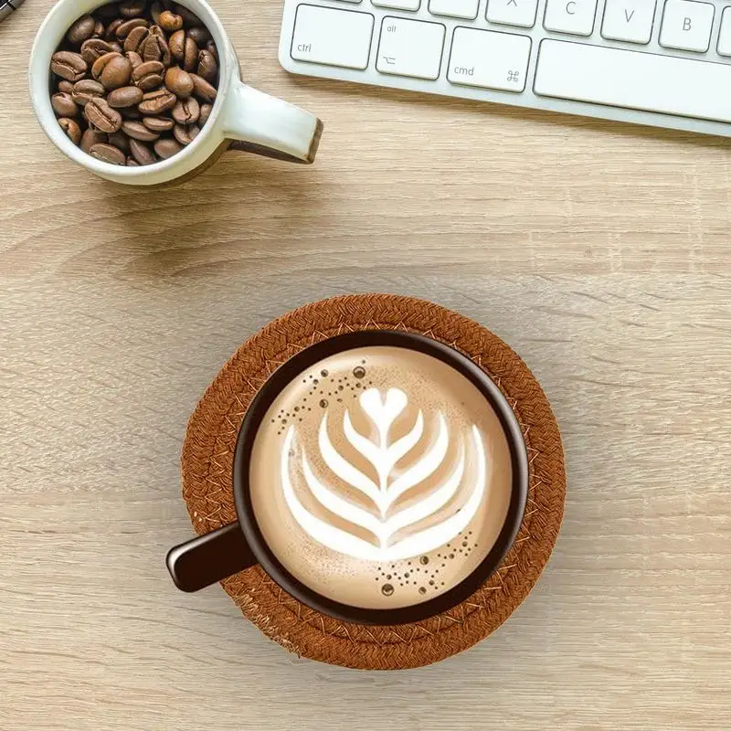Braided Drink Coasters Minimalist Cotton Woven Coaster Set 8X Absorbent Round Handmade Heat-Resistant Woven Hot Pads Hot Pads