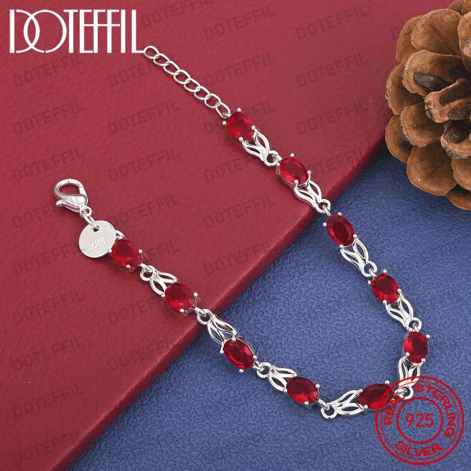 Elegantes 925 Sterling Silber 8-Zoll Luxus-Armband mit Ovalem Rotem Zirkon - Stilvoller Damen-Schmuck für Partys und Hochzeiten