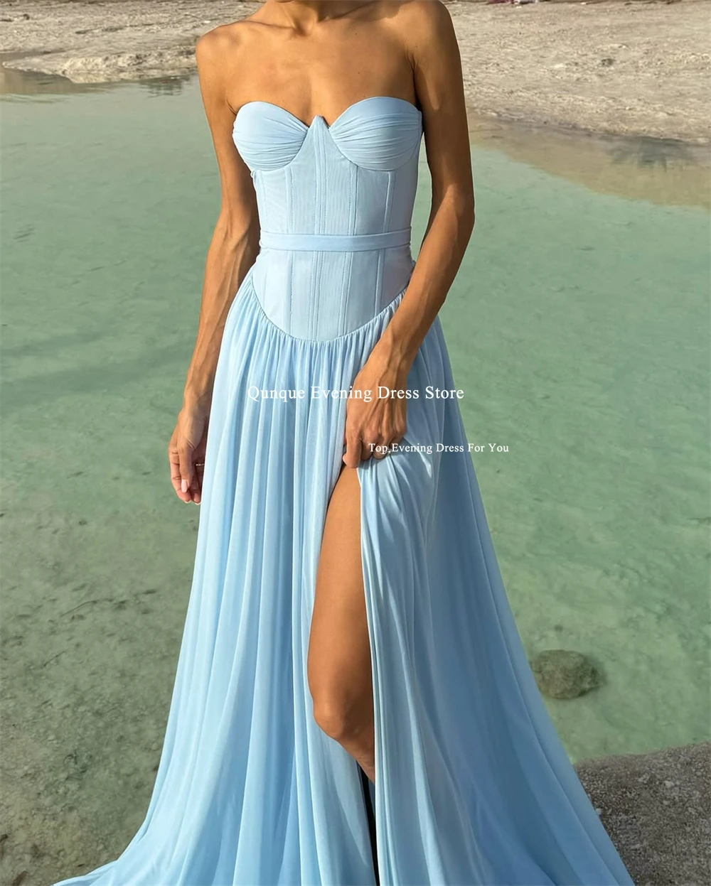 Qunque Floor Length Chiffon Beach Evening Dresses for Women Sexy Sweetheart Side Split Pleated Party Gowns Prom Gowns Customized image 2