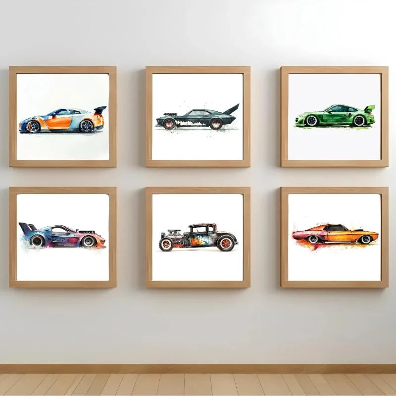 Watercolor Race Cars Canvas Art Minimalist Classic Motorsport Square Print Boys Kids Room Nursery Living Room Wall Decor Poster
