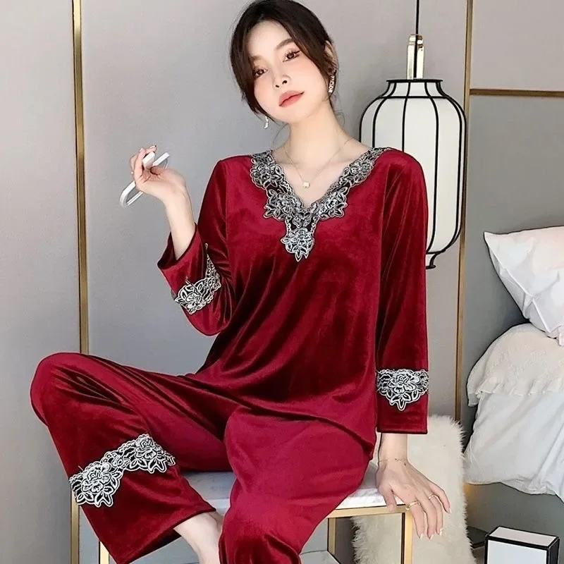 Autumn Winter Style Lace Nine-quarter Sleeve Top Wide Leg Pant Loungewear Homedress Leopard Print Canary Velvet Pajama Set Women