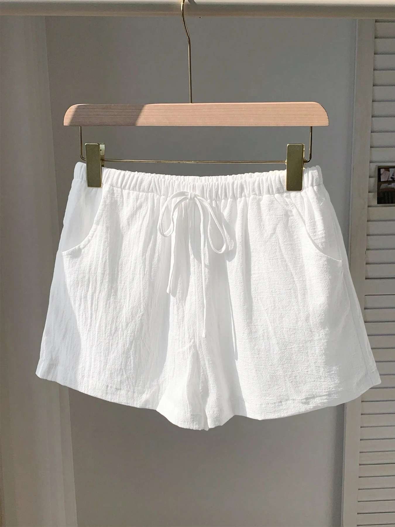 Spring and Summer Pure Color Cotton Leisure Sports Elastic Waistband Drawstring Summer Multi-Purpose Slim-Fitting Shorts