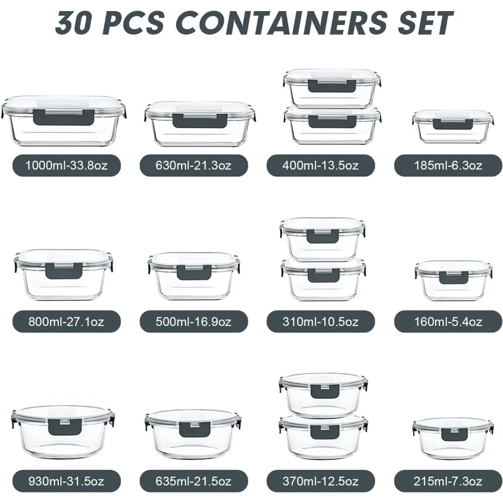 

30-Piece Glass Meal Prep Containers Set, Airtight Stackable Food Storage for Microwave Oven Freezer Dishwasher