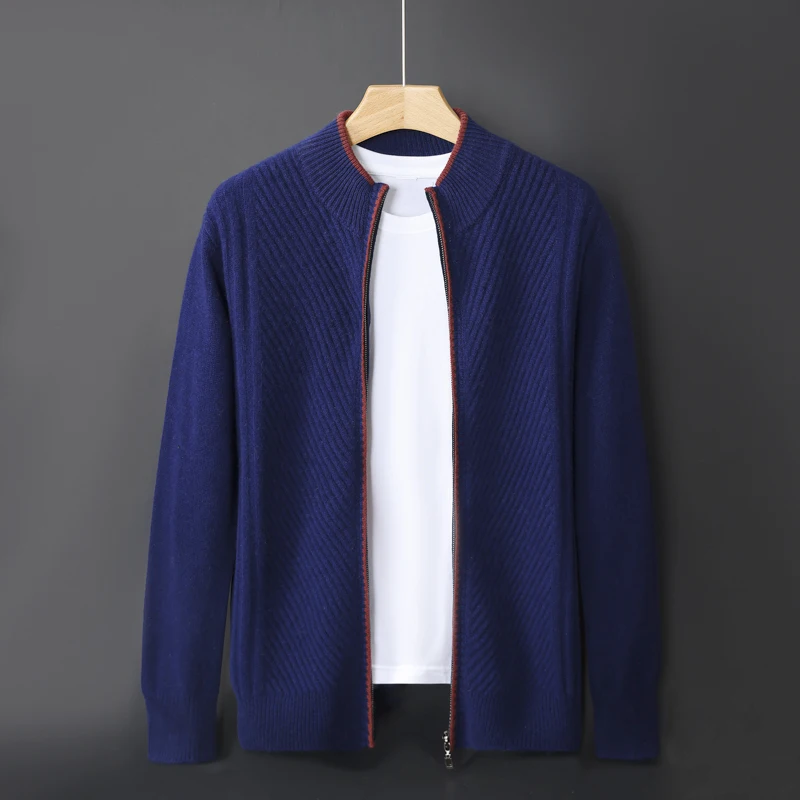 100% Pure Wool Cardigan Men'S Half-Turtleneck Color-Blocked Ribbed Knit Jacquard Pattern Warm Sweater Top