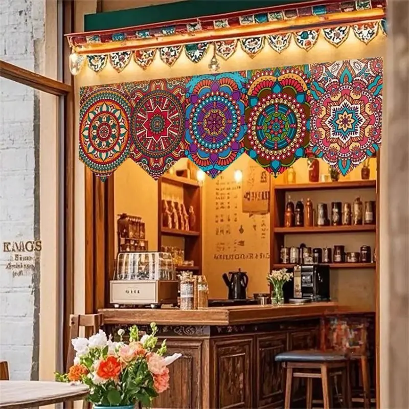 VIKAMA Bohemian Mandala Art Pennant Hanging Curtain Ethnic Pattern Noren Short Door Curtain Home Kitchen Window Decor Curtain