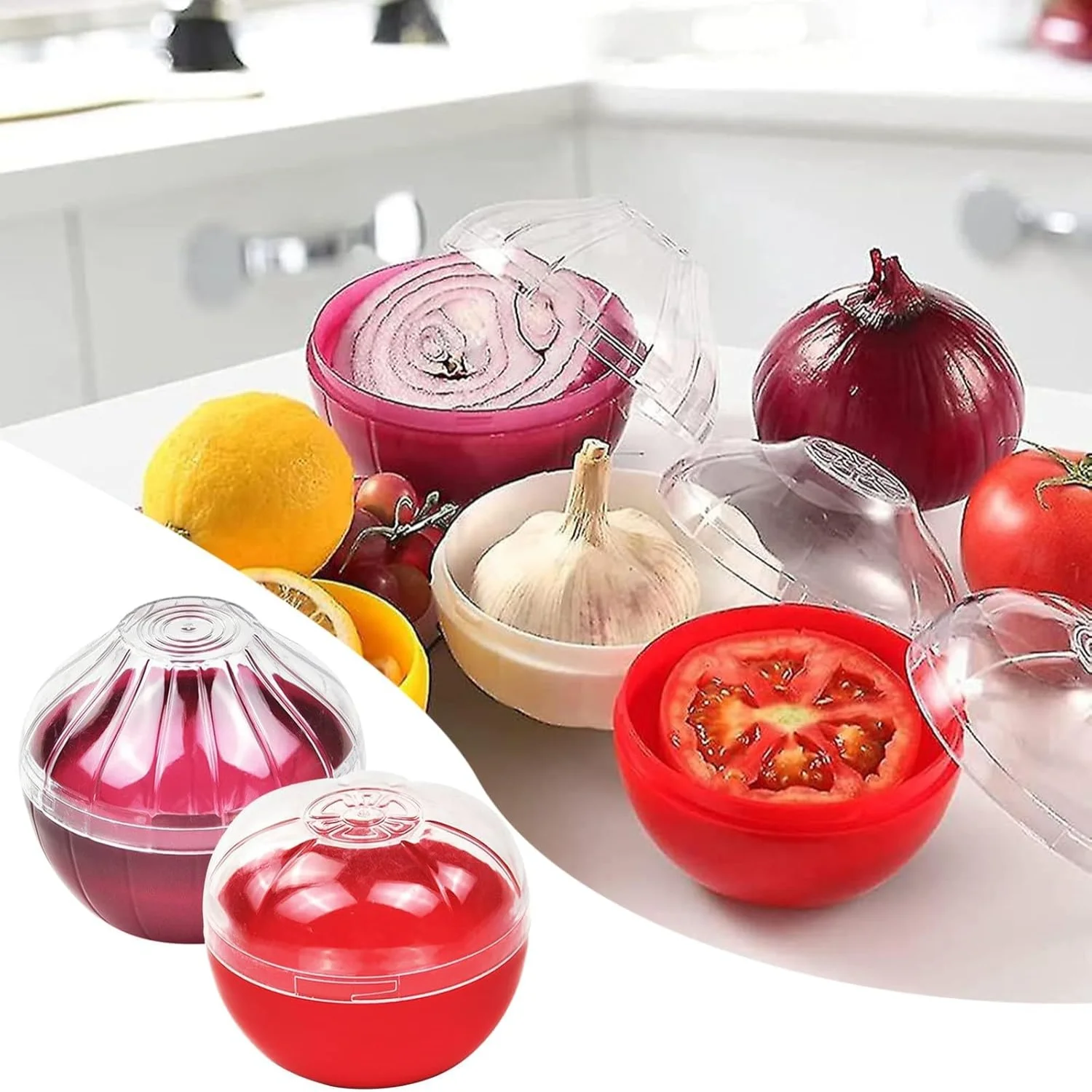 Vegetable and Fruit  Containers for Fridge, 4 Pcs Reusable Food Saver - Tomato, Garlic, Onion, Lemon  Holder - Refrigerator Vege