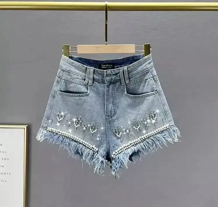 Fashion Diamond Hole Denim Shorts Summer 2024 New Women's Sexy High Waist Jeans Booty Shorts