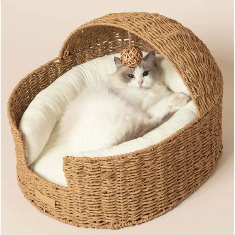 

Semi Enclosed Bed For Cats Handmade Rattan Woven Cat's House Comfortable Cradle Litter For Cat Disassembly Design Pet Condo