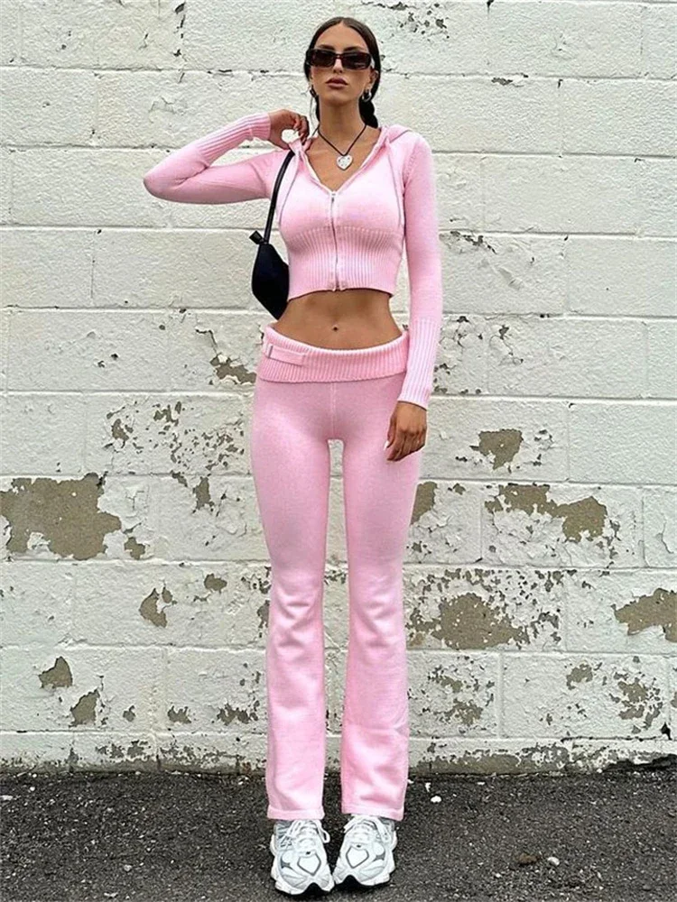 TARUXY-Ensemble Deux Pièces en Tricot Blanc pour Femme, Sweat à Capuche Court et Pantalon, Tenue Décontractée, Taille Basse, Y2k, Nouvelle Collection