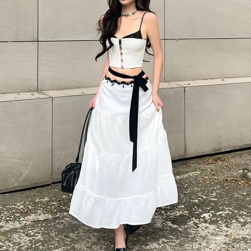 Dress Set Contrast Color Patchwork Sling Buckle Elegant+Lace Long Skirt Royal Sister Fashion Women Casual Sweet 2 Piece Sets