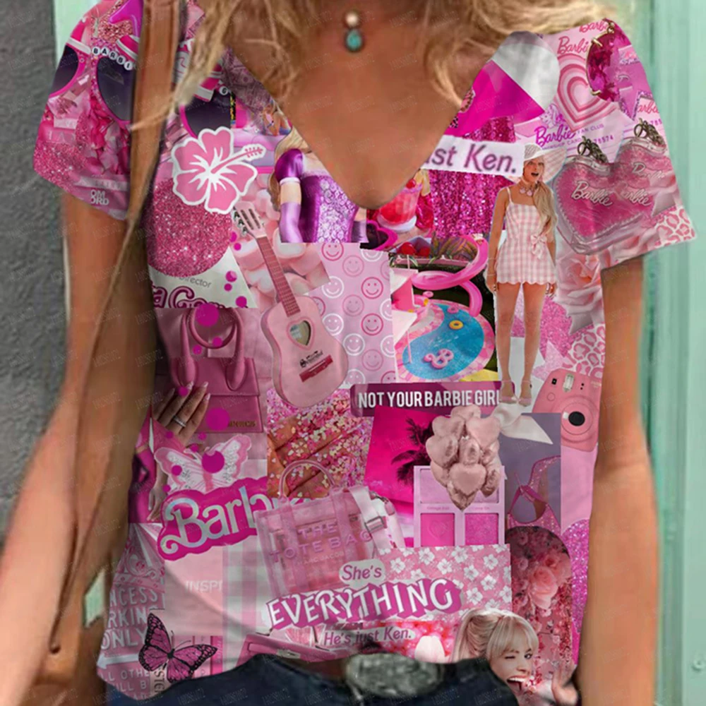 Camiseta estampada com decote em v Barbie princesa, blusa casual de manga curta feminina, item versátil, moda rua verão, tamanho grande