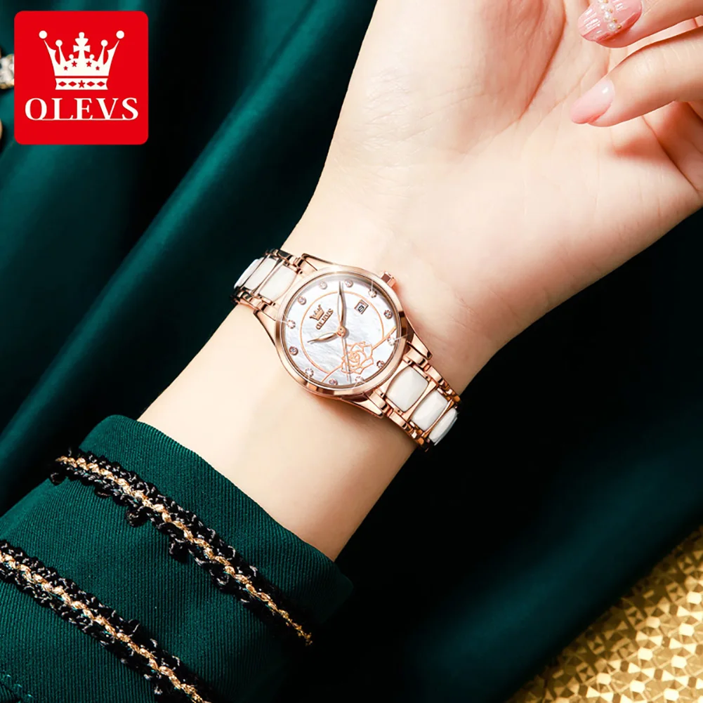 OLEVS 3606 Luxury Women Watch Camellia Quartz Japan Movement 30M Waterproof Watch For Women Ceramics Women Mechanical Watch