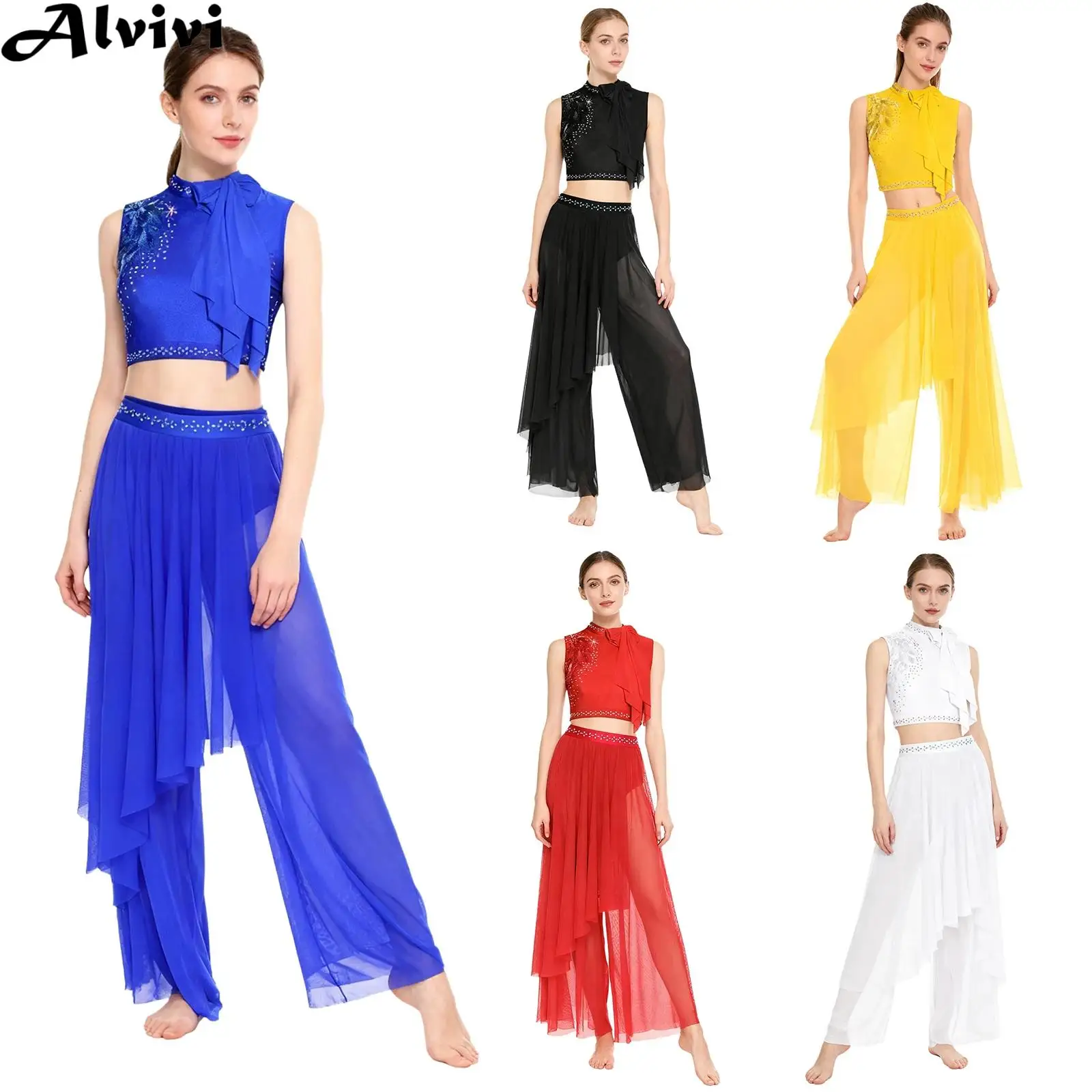 Women Modern Lyrical Dance Figure Skating Gymnastics Ballet Dancewear Shiny Sequin Rhinestone Bow Crop Top Wide Leg Mesh Pants