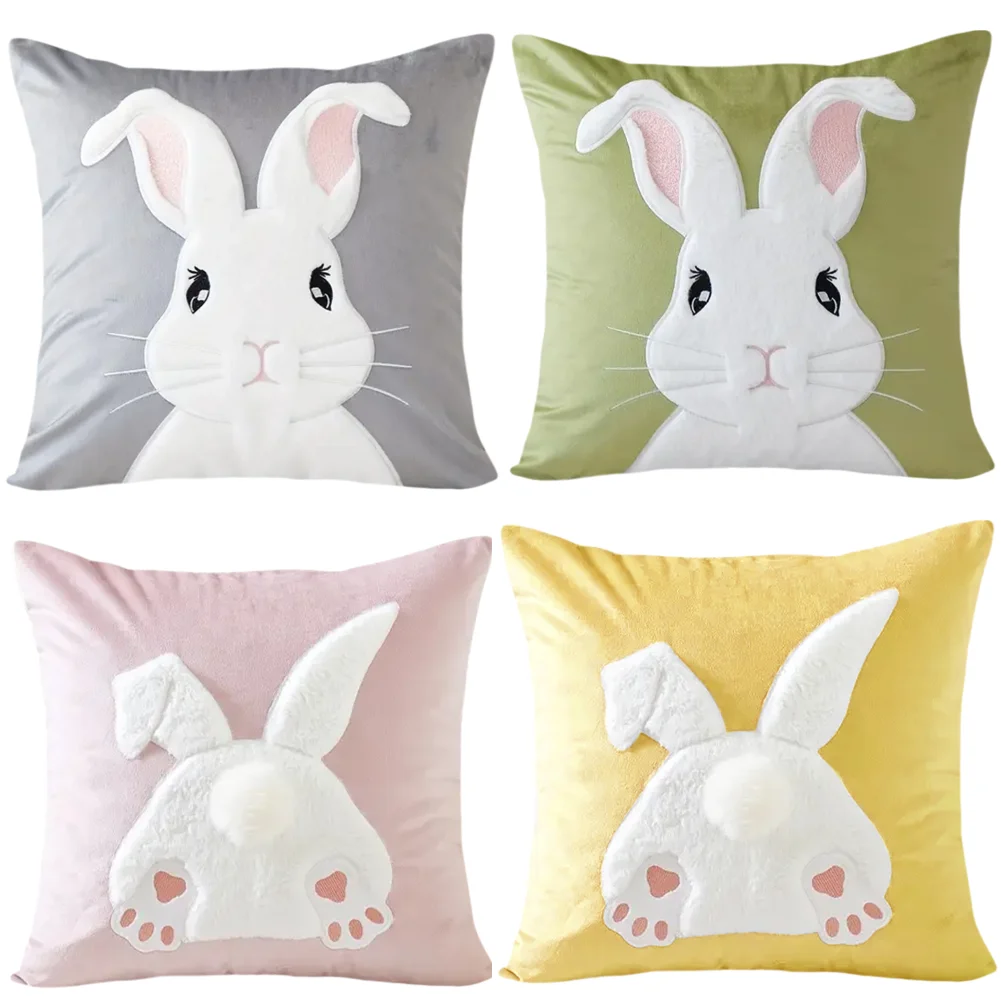 Funda de almohada de conejito de Pascua, funda de almohada de conejo de peluche de 45x45cm, funda de almohada decorativa
