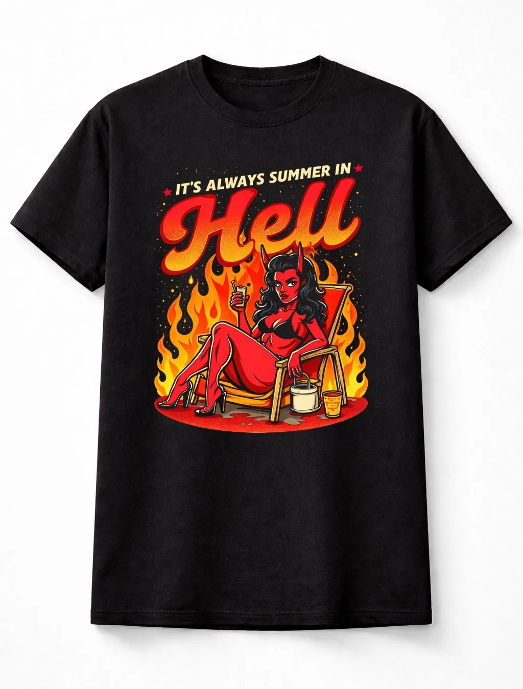 It’s Always Summer in Hell Devil Girl T Shirt Funny Dark Humor Fire Tee S 5XL