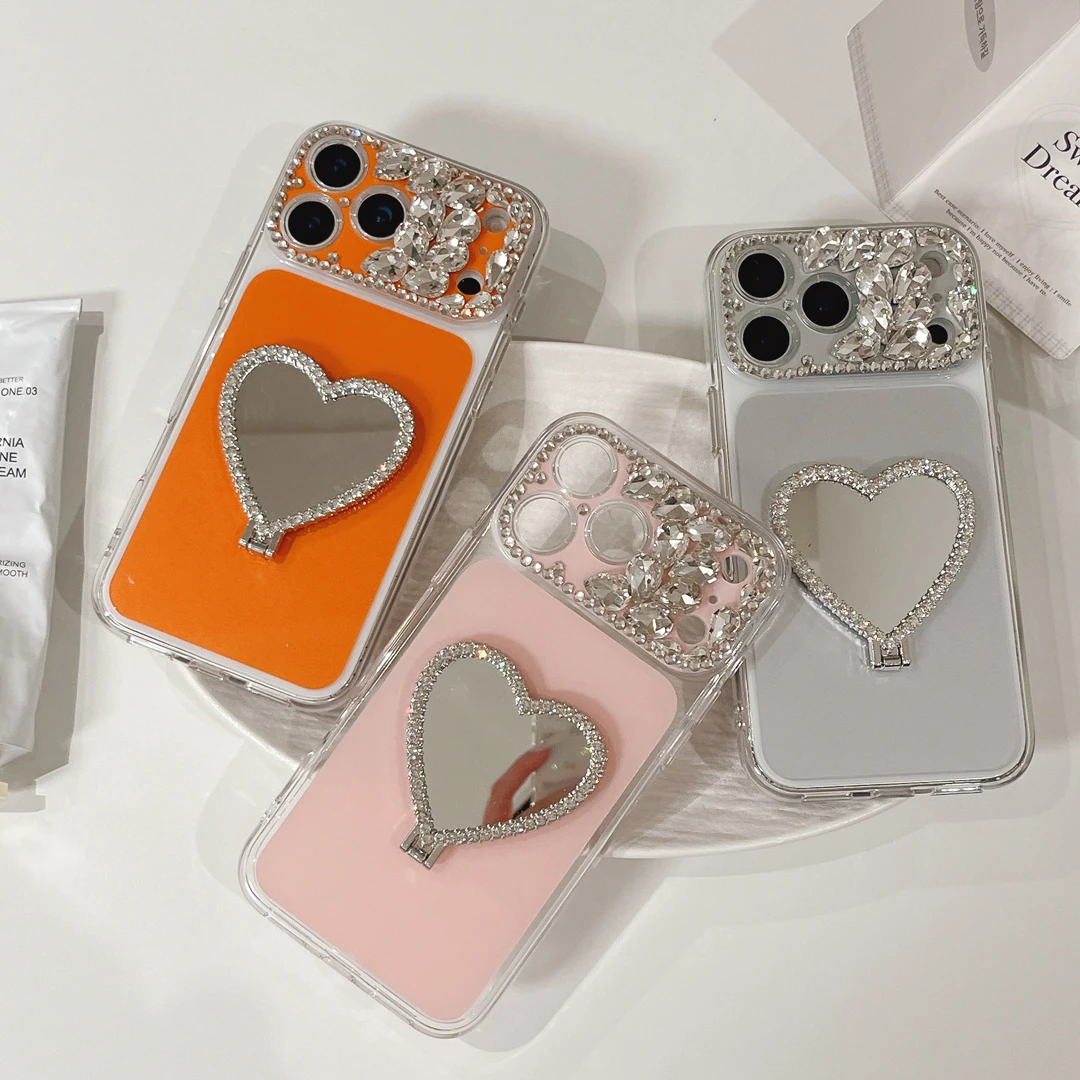 

Luxury Rhinestone Heart-Shaped Mirror Stand Holder Glitter Case For iPhone 13 15 14 16 17 Pro Max Makeup Bracket Phone Cover