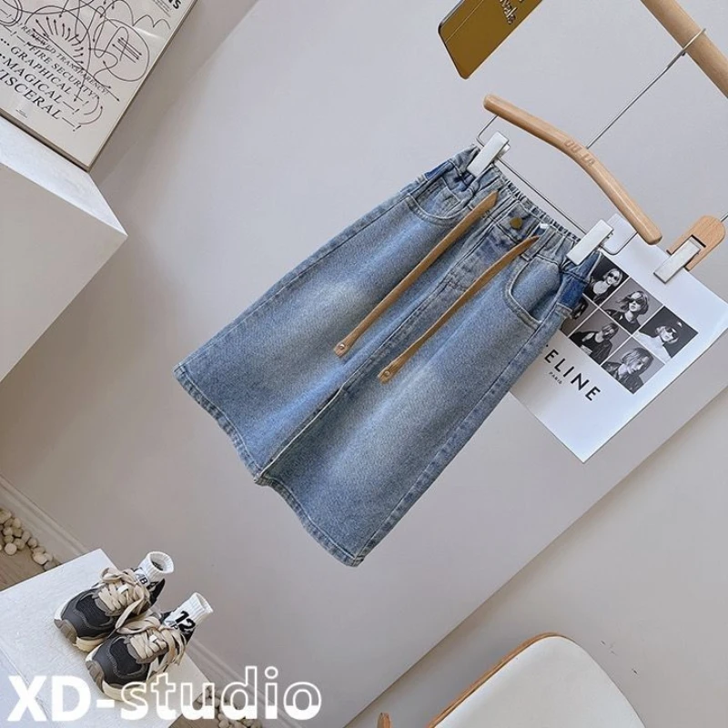 Kids Girls Denim Skirts 2025 New Children Casual Spit Jean Skirts Teenage Girls Blue Midi Skirt Slim Fit Japanese Korean Style