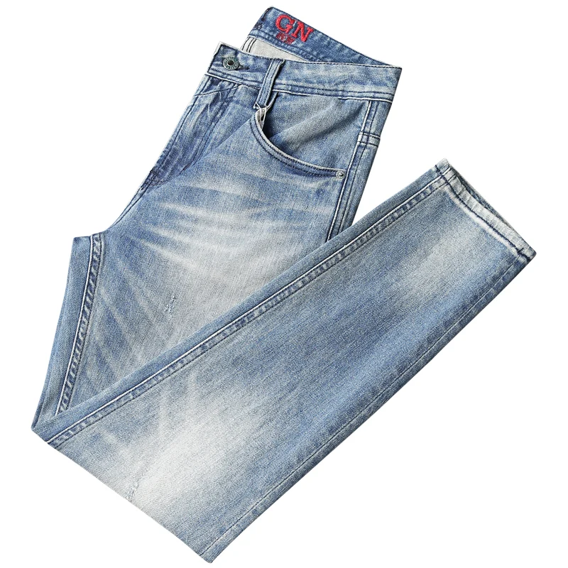 Fashion Trendy Men Jeans Retro Light Blue Plain Washed Trousers Elastic Slim Fit Ripped Jeans Men Vintage Designer Denim Pants