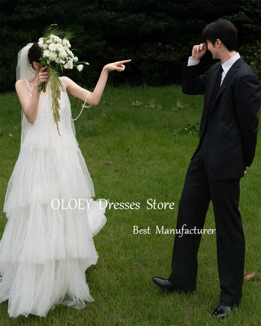 OLOEY 2025 New A Line Wedding Dress Korea Photoshoot Customized Layered Tulle Bridal Gown Spaghetti Strap Pure Ivory Sleeveless