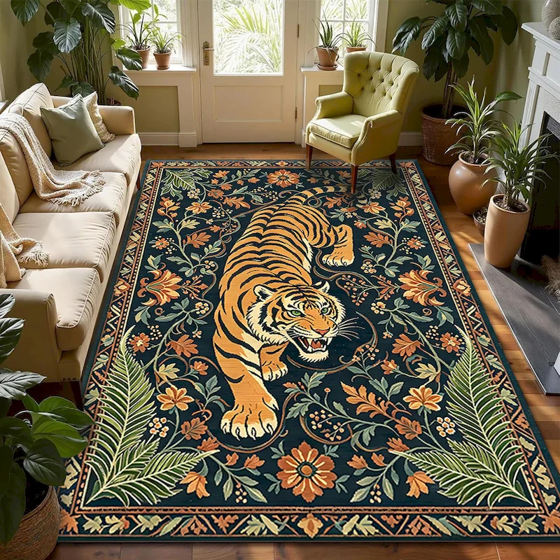 VIKAMA Jungle Animal Tiger Retro Flower Carpet Living Room Bedroom Anti Slip Soft Carpet Indoor Home Decoration
