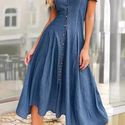V-neck Single Breasted Denim Shirt Dress for Women Harajuku Summer Party Long Dresses Elegant Short-sleeved Slim-fit Denim Dress