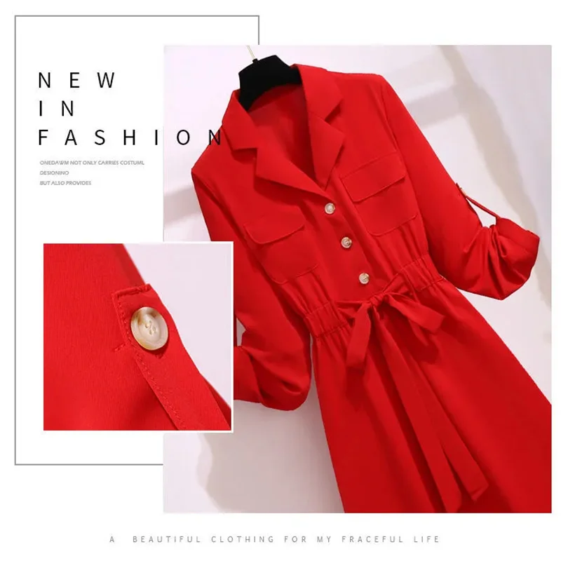 Rot Vestidos Weibliche 2025, Frühling Herbst Sommer Neue Große Größe frauen Kleid Mode Lässig Lose Temperament Hemd Kleider Damen