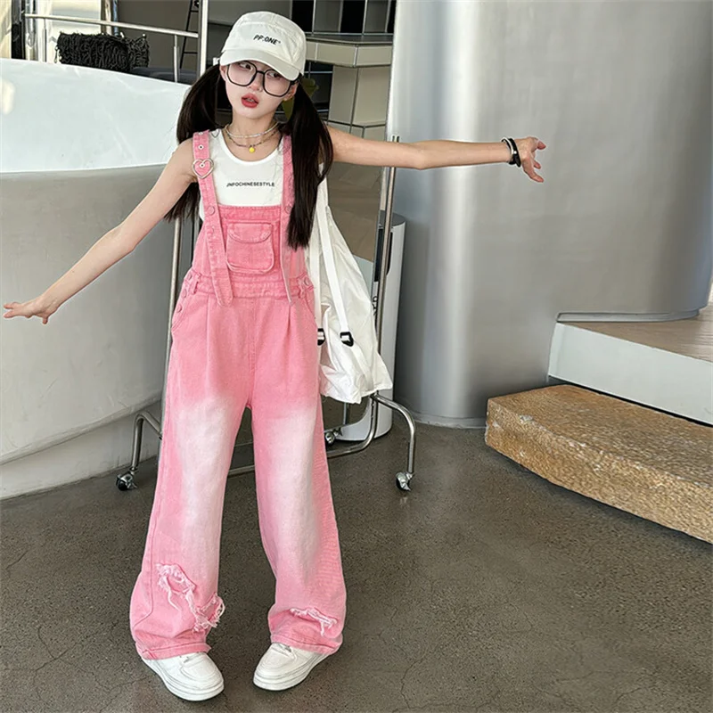 Girls\' denim overalls Dopamine Set 2024 New pink pant vest two-piece stylish girl trend