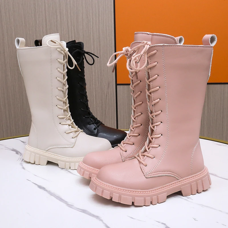 Girl Boats Students Beige Warm Pink Boots Tall Canister Shoes Children Fashion Flat Boots Size 27 To 37 Black Plush Shoes Winter