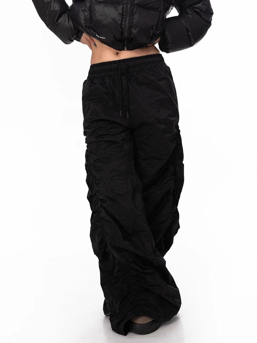 RORORIRI レトロ黒巾着カジュアルワイドパンツ女性弾性ウエスト固体シャーリング速乾性スウェットパンツハイストリート服