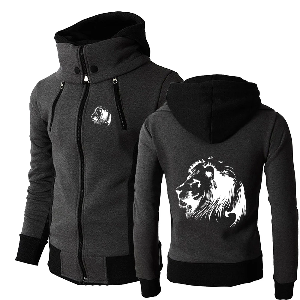 

Meditation Lion Printed New Mens England Style Tops Spring Autumn Comfortable Fashion Harajuku Style Double Zip Solid Color Tops