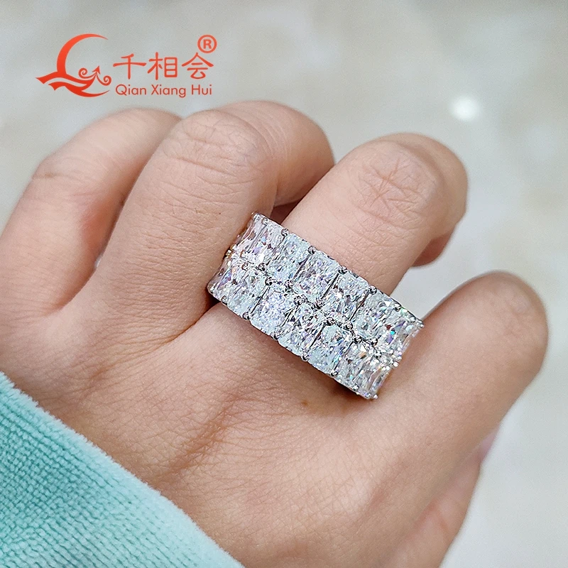 12mm width 4*6mm radiant shape double raws Full Eternity Ring Silver Moissanite Ring Men women wedding datting gift fine Jewelry