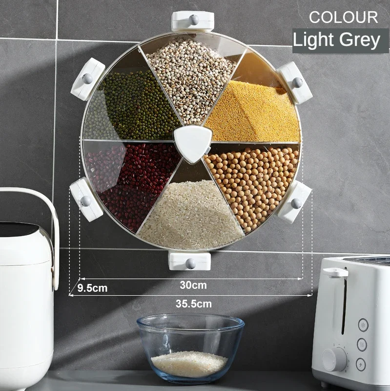 Grains Container Storage Box Wall-Mounted Seperated Cereals Dispenser Moisture-Proof Rice Bucket Rotary Compartment Grain Bucket