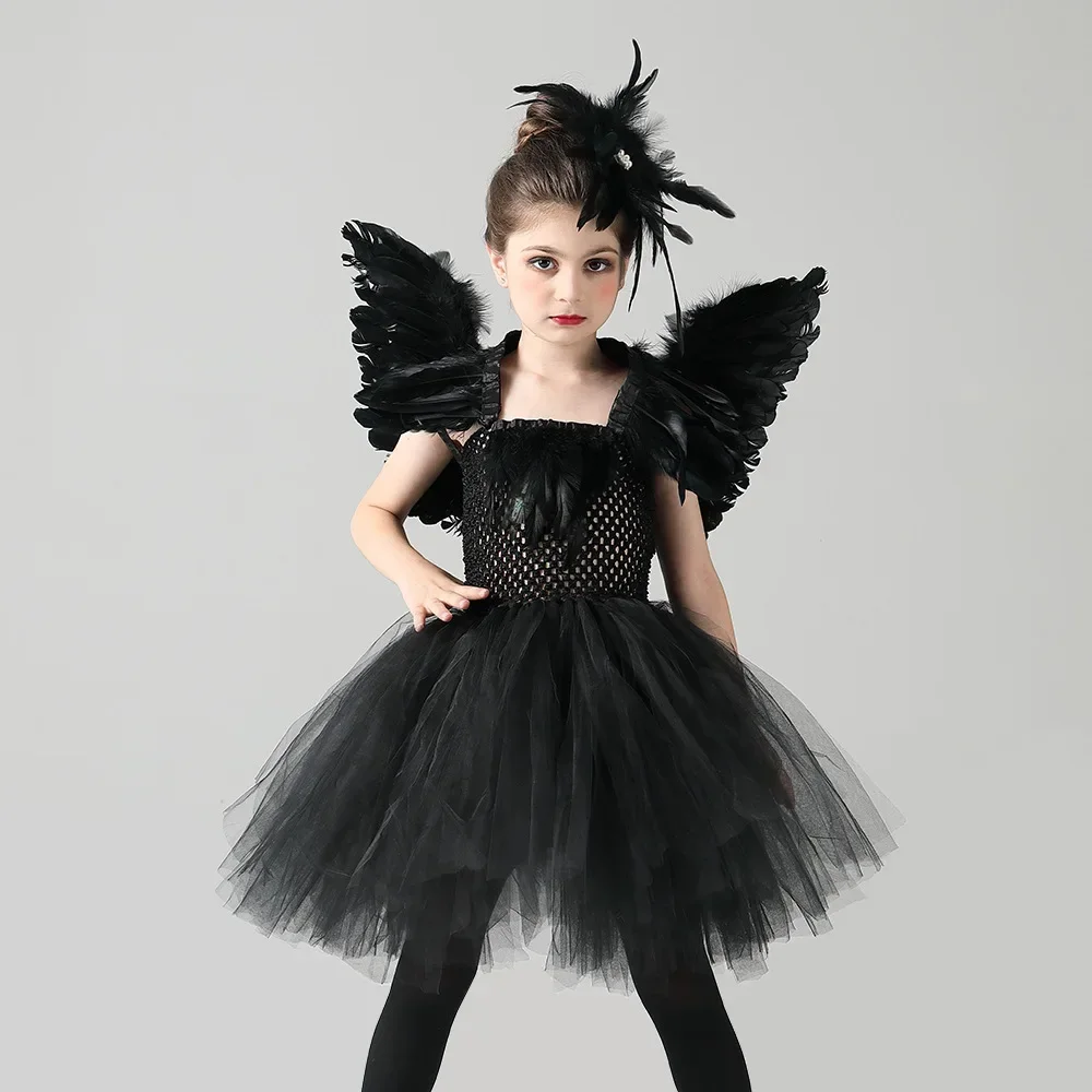 

Black Swan Lake Ballerina Costume For Baby Girls Gothic Witch Swan Halloween Tutu Dress Kids Evil Queen Tutu Feather Dress Child