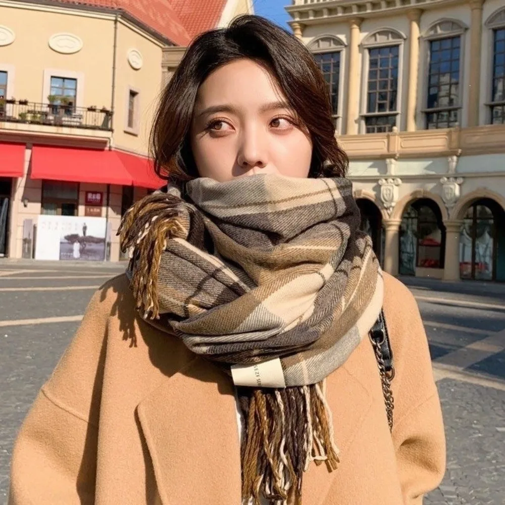 Stylish Korean Style Plaid Scarf Vintage Oversized Imitation Cashmere Tassel Scarf 200x33CM Thick Fall Winter Scarf Student