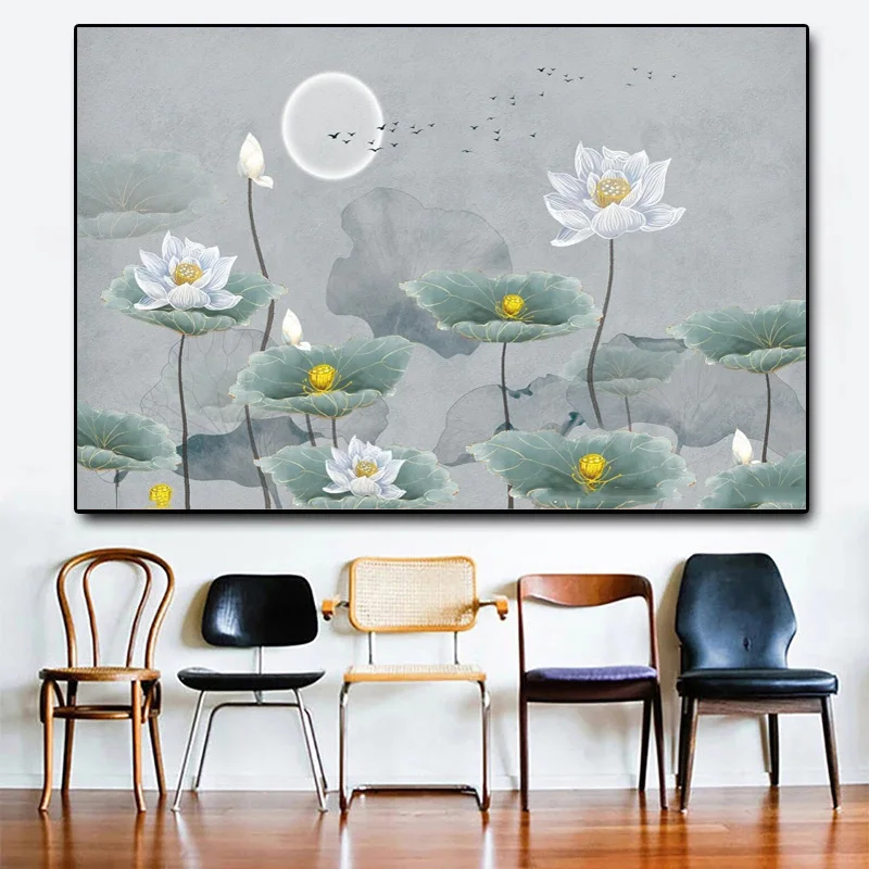 Chinese Lotus Rhyme Lake Fish Modern Posters and Prints Wall Art Canvas Painting Pictures for Living Room Decoration No Frame