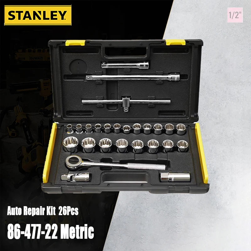 Stanley 86-477-22 26Pcs 12.5mm(1/2 Inch) Professional Car Repair Wrench Set Include Ratchet Wrench Handle Sockets Extension Rod