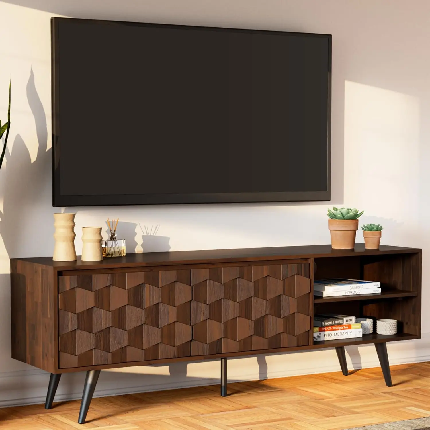 

Bme Georgina 65 Inch Solid Wood TV Stand, Under 10 Minutes Assembly Entertainment Center with Storage, Geometric Pattern