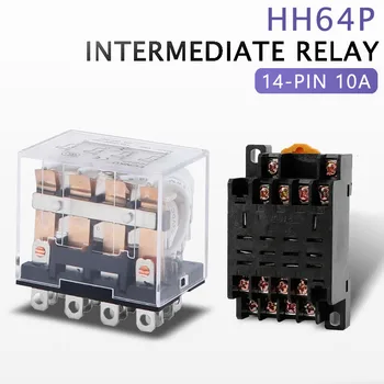 5pcs HH64P high power relay coil socket base AC110V 220V DC12V 24V 36V with general DPDT micro electromagnetic relay switch