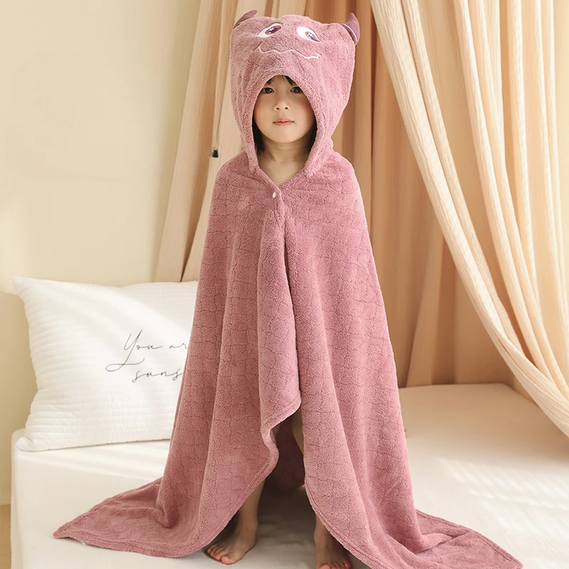 Children\'s Plush Hooded Bath Towel Cartoon Coral Velvet Baby Absorbent Quick Drying Hooded Cape Bathrobe Cute Hooded Bath Towel