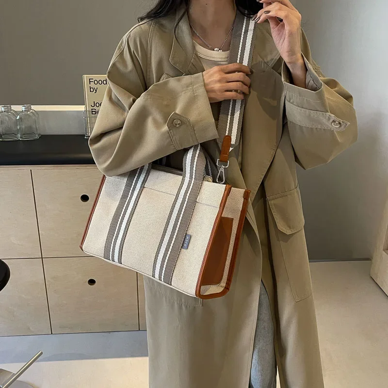 

Linen Fabric Handbags for Women Quality Striped Large Capacity Shoulder Crossbody Bag 2024 Latest Plain Color Shopping Totes Bag