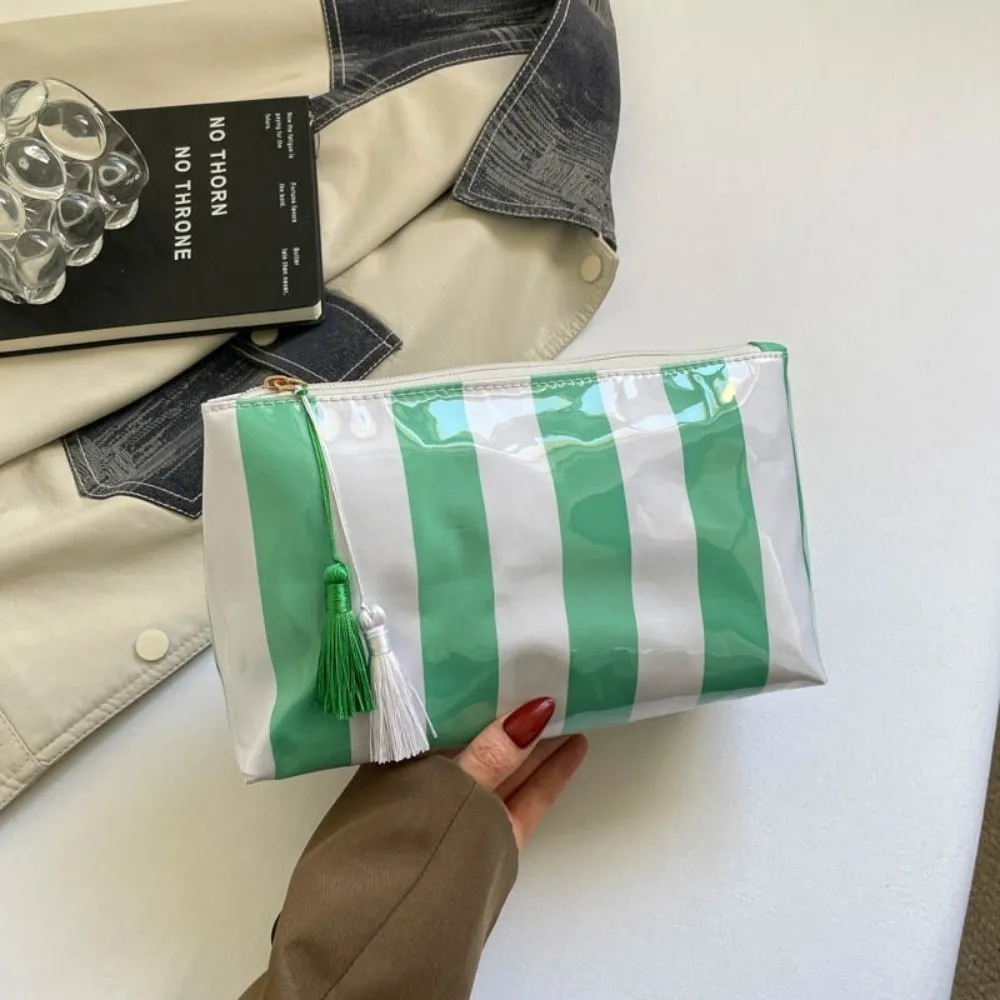 Waterproof Striped Cosmetic Bag Polyester Lining Tassel Pendant PVC Toiletry Bag Smooth Zipper Simple Beach Storage Bag Family