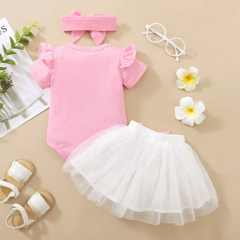 0-18 Months Newborn Baby Girl Daily Clothes Set Rabbit Print Short Sleeve Romper+ Tulle Skirt+Headband Summer 3PCS Outfit