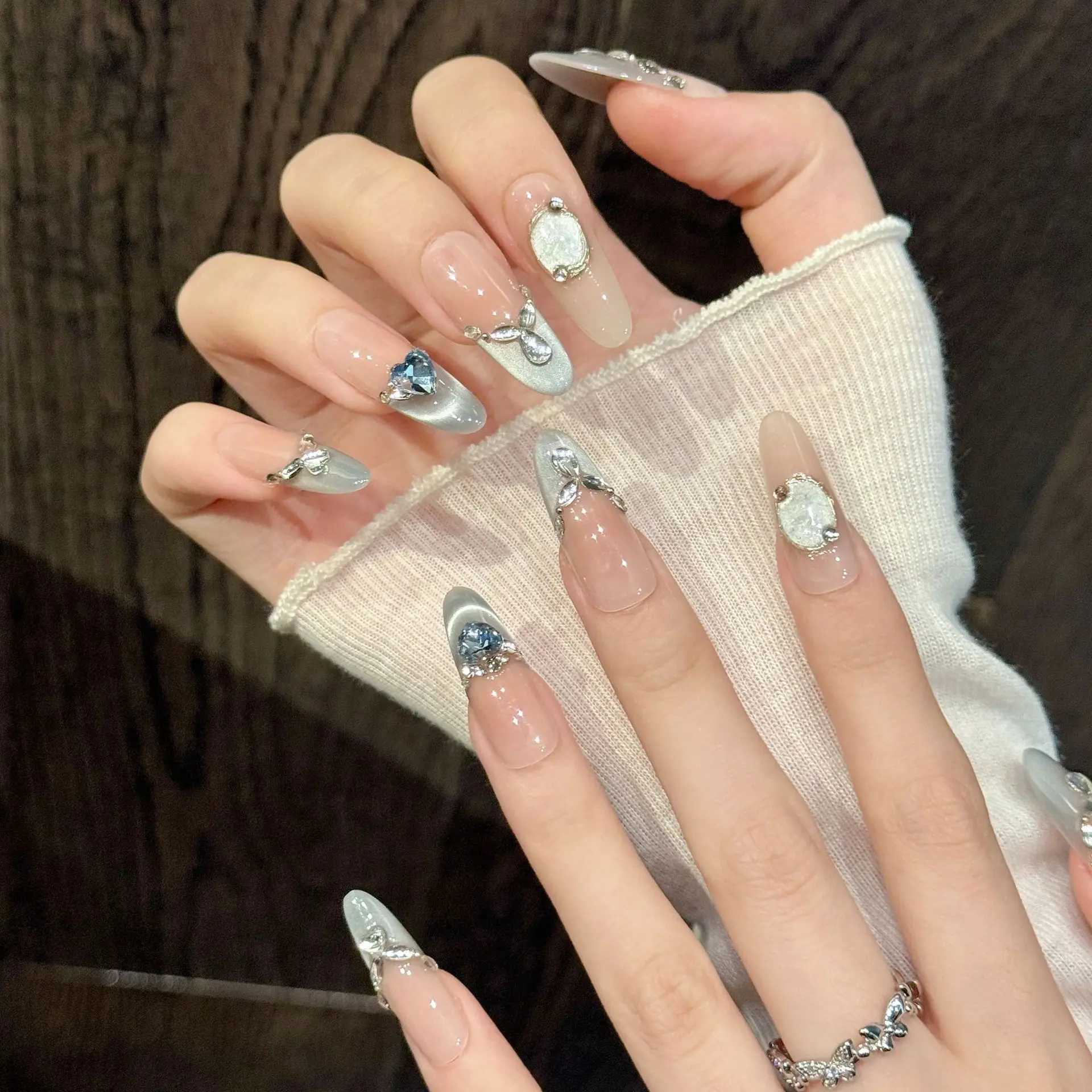 10 قطعة الصحافة اليدوية على الأظافر بريق الماس ديكور النمط الفرنسي الأظافر كاذبة الحلو كول طويل اللوز انفصال أظافر وهمية نصائح #3