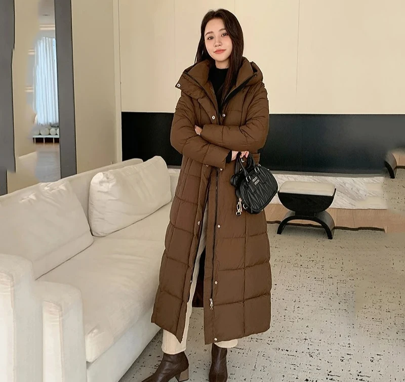 冬のレディースロングパファーアウター厚手フード付きダウンコート女性用軽量薄手ホワイトダックジャケットパーカー