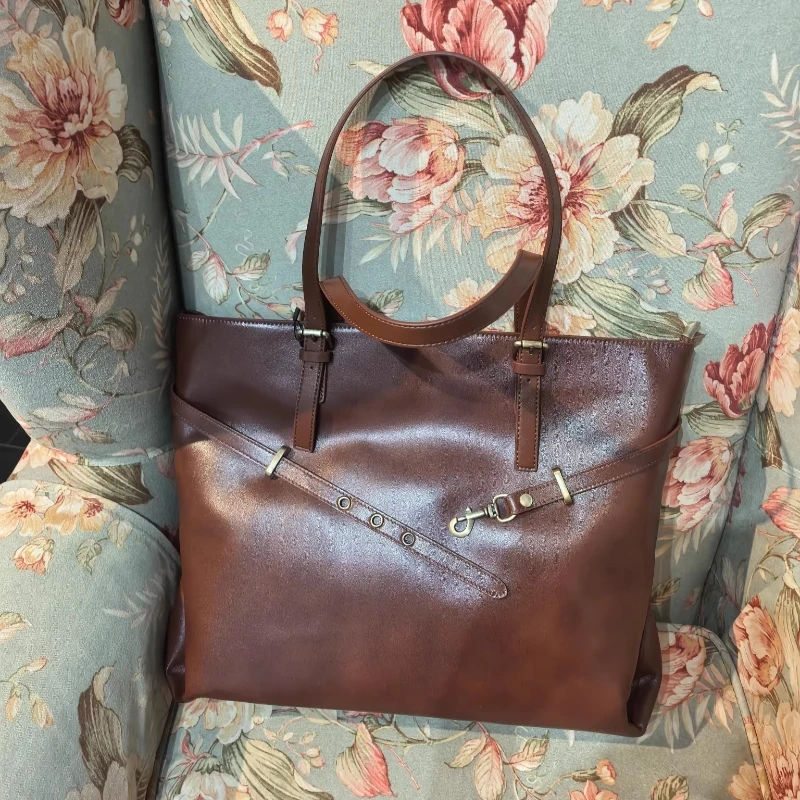 

Large Capacity Soft Genuine Leather Tote Bag Solid Color Cowhide Retro Women's Shoulder Bag Decorative Belt for Daily Commuting