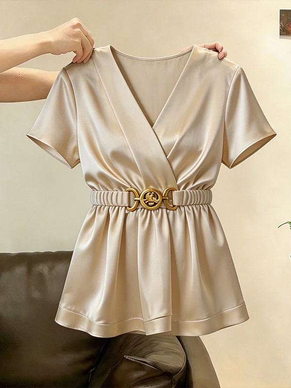 

plus Size Luxury Feel V Neck Shirt Women's Belted Waist Slimming Tummy Covering Top Korean Style Breathable Short Sleeve