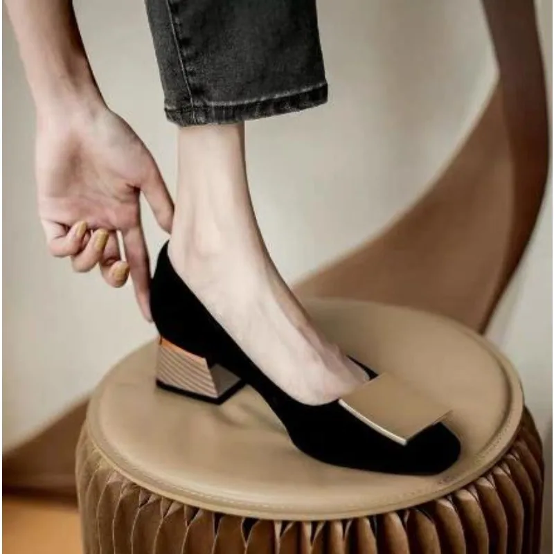 

New Fashion Trend Square Heels Women's Summer Footwear Office Black Medium Heel Casual Pumps Slip-on Luxury Shoes for Woman